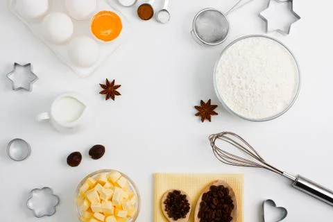 Cooking baking flat lay background with eggs butter kitchen tools Stock Photos