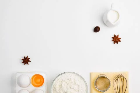 Cooking baking flat lay background with eggs flour kitchen tools Stock Photos