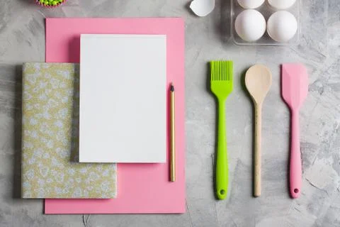 Cooking baking flat lay background with eggs kitchen tools Stock Photos
