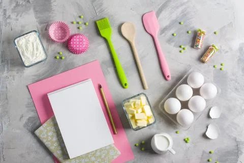 Cooking baking flat lay background with eggs butter kitchen tools Stock Photos