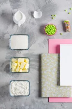 Cooking baking flat lay background with eggs butter, sugar Stock Photos