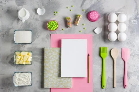 Cooking baking flat lay background with eggs butter kitchen tools Stock Photos