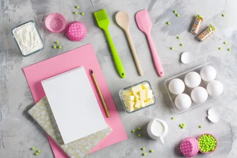 Cooking baking flat lay background with eggs butter kitchen tools Stock Photos