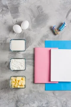 Cooking baking flat lay background with eggs butter sugar flour Stock Photos