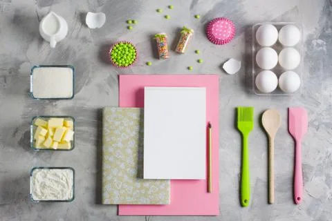 Cooking baking for kids flat lay background Stock Photos