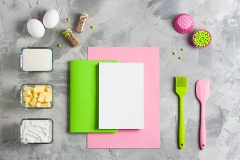 Cooking baking for kids flat lay background Stock Photos