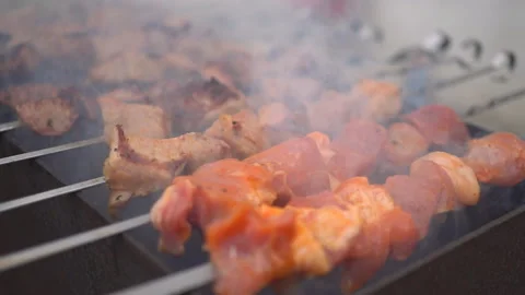 Cooking barbecue on brazier close up Stock Footage 96559041