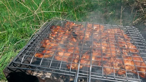 Cooking barbecue chicken on fire Stock-Footage 106858984