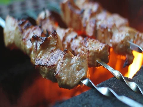 Cooking barbecue on fire Stock Footage 76796403