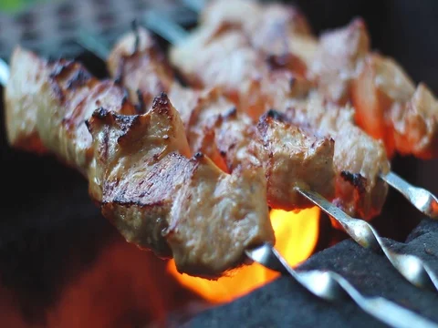 Cooking barbecue on fire Stock Footage 76805431