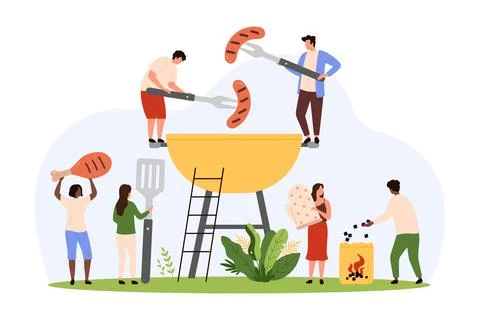 Cooking barbecue on grill by tiny people, grilled meat menu of restaurant or 库存插图