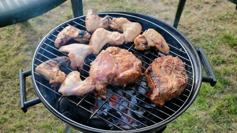 Cooking barbecue meat on an open fire Stock Footage 135237726