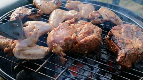 Cooking barbecue meat on an open fire Stock Footage 135237733