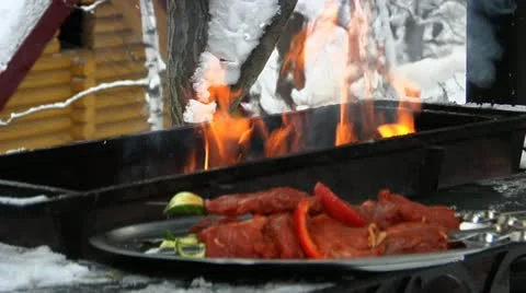 Cooking BBQ in the winter on the grill Stock Footage 12372308