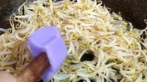 Cooking bean sprouts vegetables in a hot pan Stock Footage 257390150