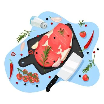 Cooking beef filet, vector cartoon illustration. Cutting board with raw ribey Stock Illustration