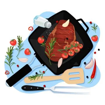 Cooking beef filet, vector top view illustration. Black grill pan with fried Stock Illustration