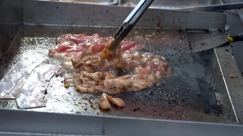 Cooking beef on pan, close up, slow motion Stock Footage 101724131