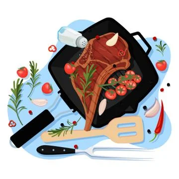 Cooking beef steak, vector top view illustration. Grill pan with fried pork f Illustrazione stock