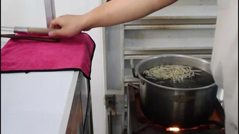 Cooking been sprouts, preparing to cook chicken noodle Stock-Footage 339331625