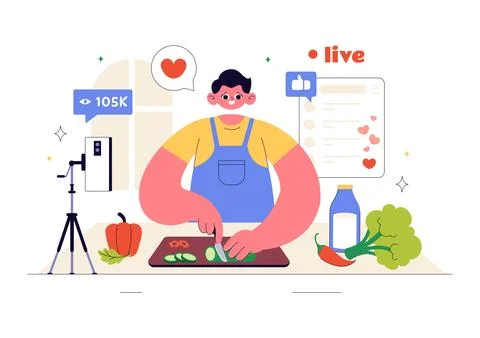 Cooking Blog Vector Illustration Featuring Young People Recording a Cooking.. Stock Illustration