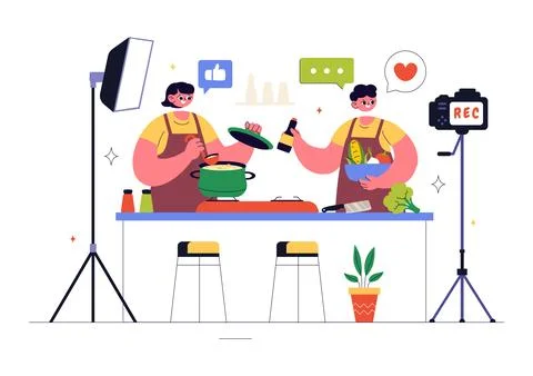 Cooking Blog Vector Illustration Featuring Young People Recording a Cooking.. Stock Illustration