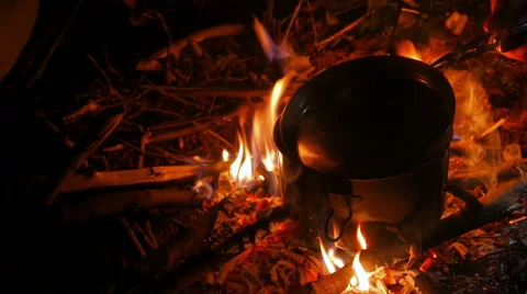Cooking on the bonfire Stock Footage 49445042