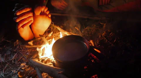 Cooking on the bonfire Stock Footage 49445074