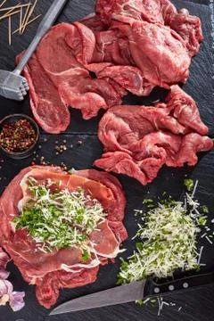 Cooking Braciole on a table, close-up Stock Photos