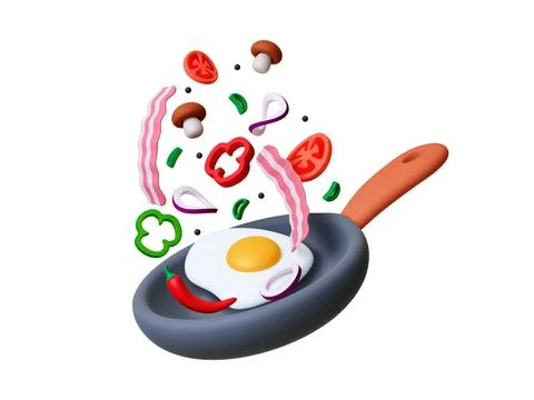 Cooking breakfast 3d concept. On pan frying eggs, vegetables and bacon slices Stock Illustration