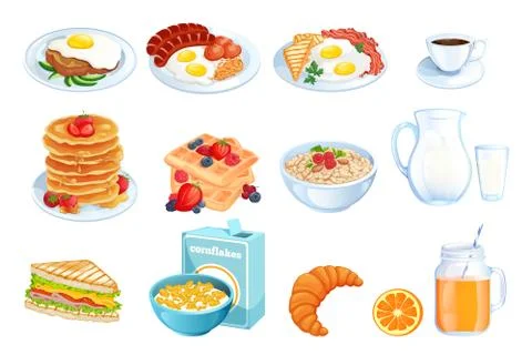 Cooking breakfast, vector illustration. Set of isolated morning meal dishes. Stock Illustration