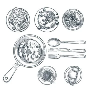 Cooking breakfast, vector top view sketch illustration. Set of isolated hand Stock Illustration