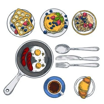 Cooking breakfast, vector top view sketch illustration. Set of isolated hand Illustrazione stock