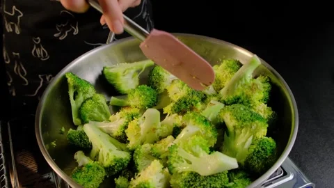 Cooking Broccoli in Frying Pan with Spatula in Kitchen Video stock 341441999
