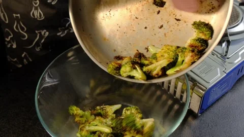 Cooking Broccoli in Pan with Spatula in Kitchen Stock-Footage 341432955