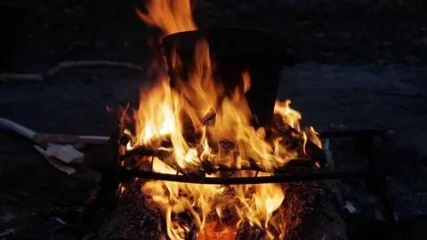 Cooking in a bucket on bonfire on night Stock Footage 81673453