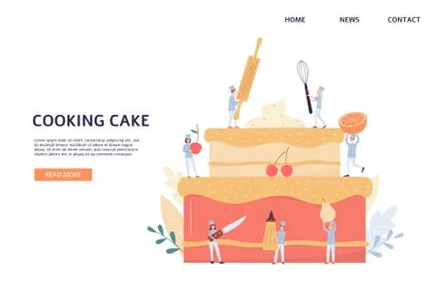Cooking cake banner, tiny chef team baking giant two tier birthday dessert. Stock Illustration