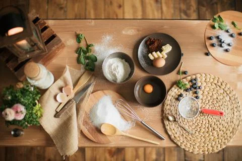 Cooking cake on the table and baking cake ingredients Stock Photos