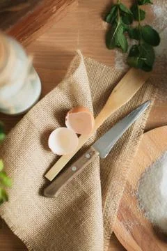 Cooking cake on the table and baking cake ingredients Stock Photos