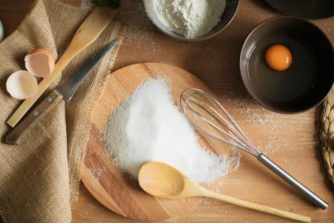 Cooking cake on the table and baking cake ingredients Stock Photos