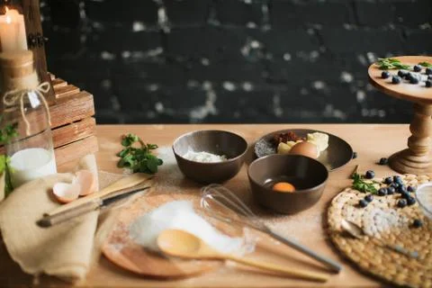 Cooking cake on the table and baking cake ingredients Stock Photos