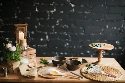 Cooking cake on the table and baking cake ingredients Stock Photos