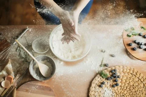 Cooking cake on the table and baking cake ingredients Stock Photos