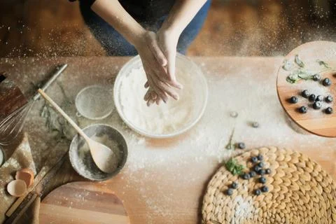 Cooking cake on the table and baking cake ingredients Stock Photos