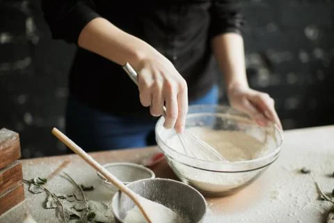 Cooking cake on the table and baking cake ingredients Stock Photos