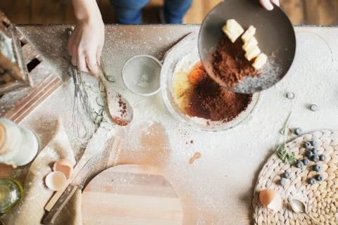 Cooking cake on the table and baking cake ingredients Stock Photos