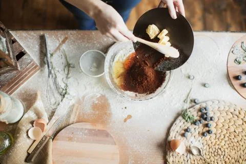 Cooking cake on the table and baking cake ingredients Stock Photos