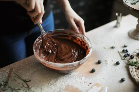 Cooking cake on the table and baking cake ingredients Stock Photos