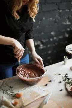 Cooking cake on the table and baking cake ingredients Stock Photos