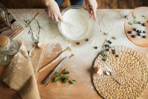 Cooking cake on the table and baking cake ingredients Stock Photos